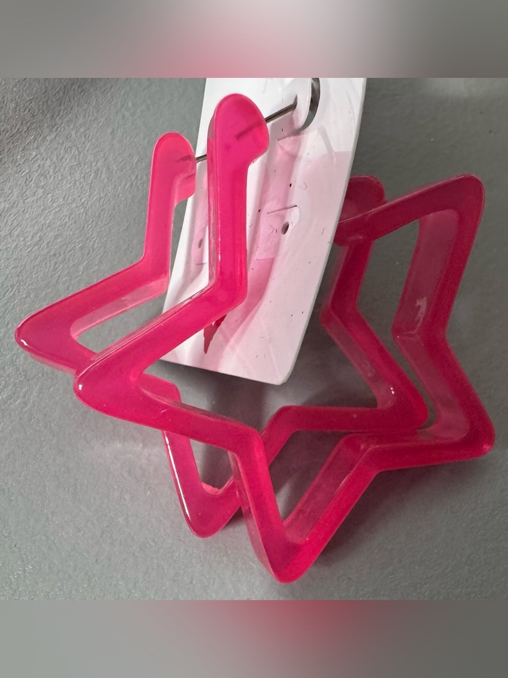 Star shaped transparent acrylic vibrant Hot Pink Star Hoop Earrings holiday - Picture 2 of 2